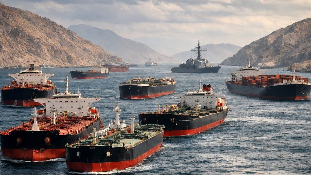 Navios comerciais e militares no Estreito de Ormuz, ilustrando o risco de inflação e o custo da Guerra do Irã para os EUA.